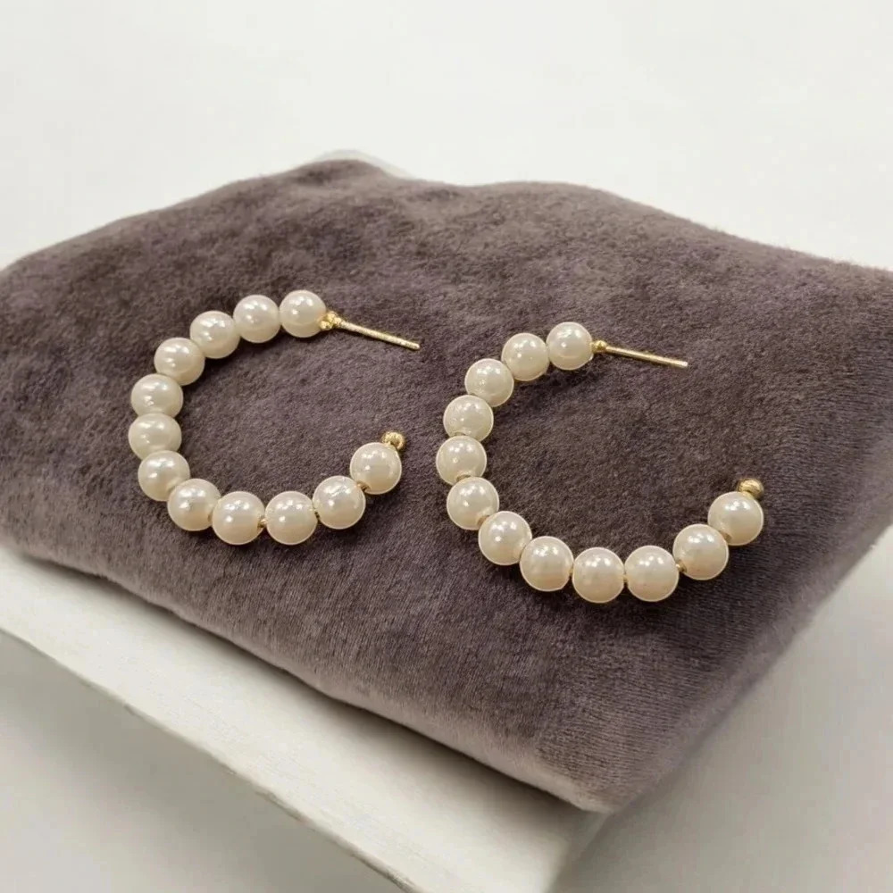 Gold Plated Faux Pearl Hoop Earrings - Picture 2 of 2